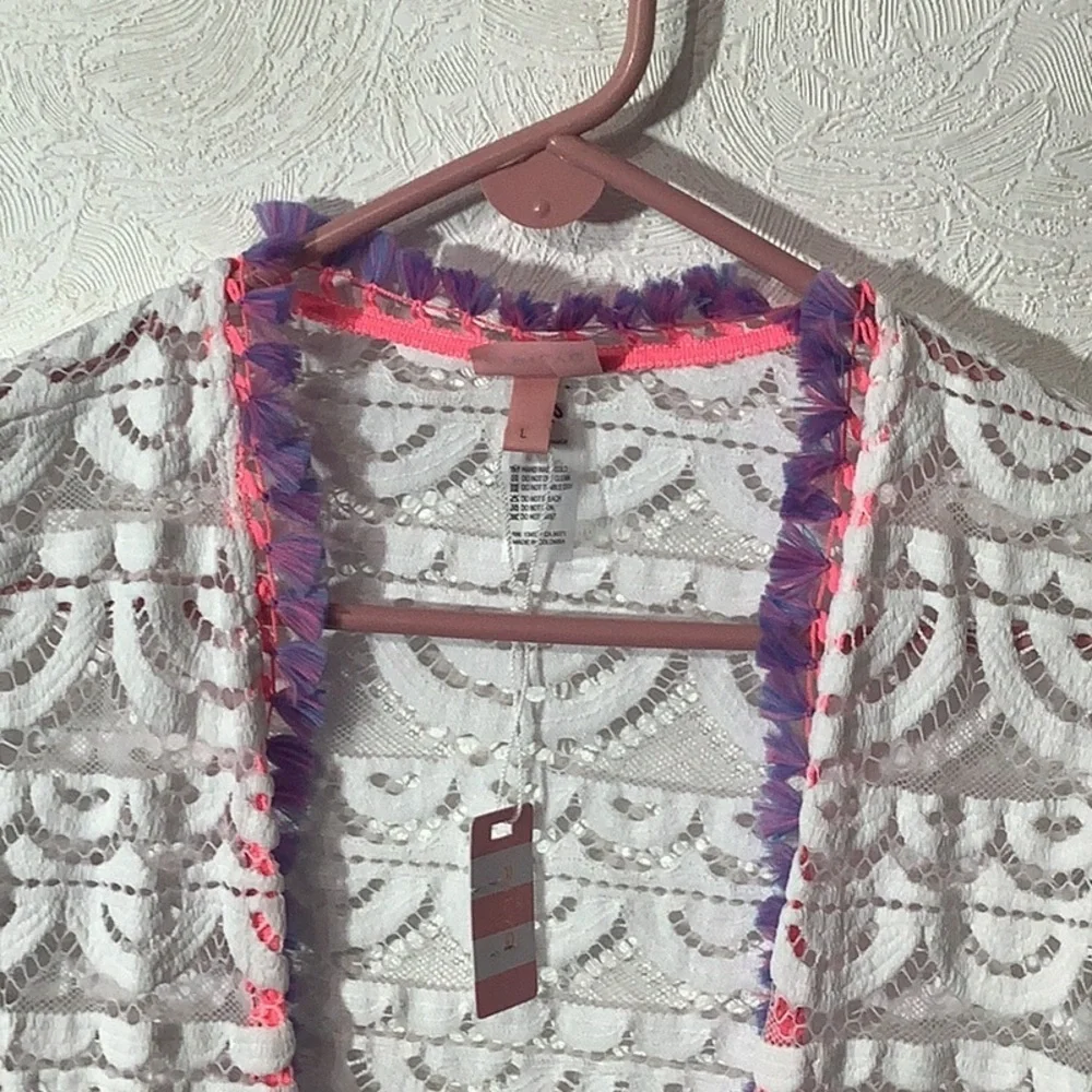 PILYQ NEW - Sz L - White Lace Cardigan with Pink and Purple Tassel Trim